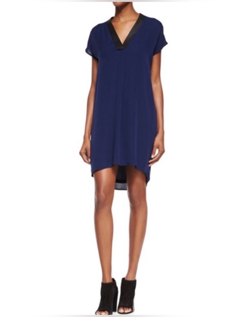 Vince 100% Silk Lamb Leather Trim V-Neck Shift Dress Navy Blue Medium M